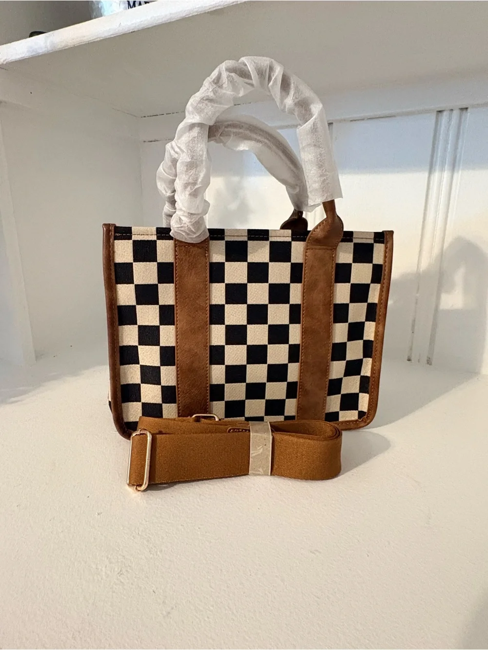 Checkerboard Canvas Tote with Brown Trim